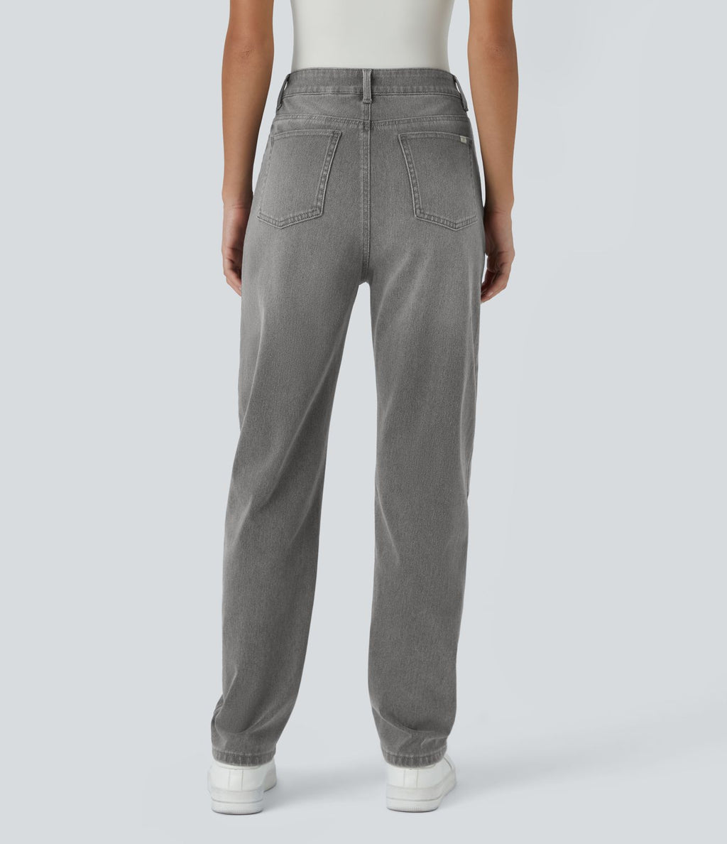 Jean décontracté Halara Flex™ taille haute extensible en maille avec bouton, fermeture éclair, poches multiples et effet délavé