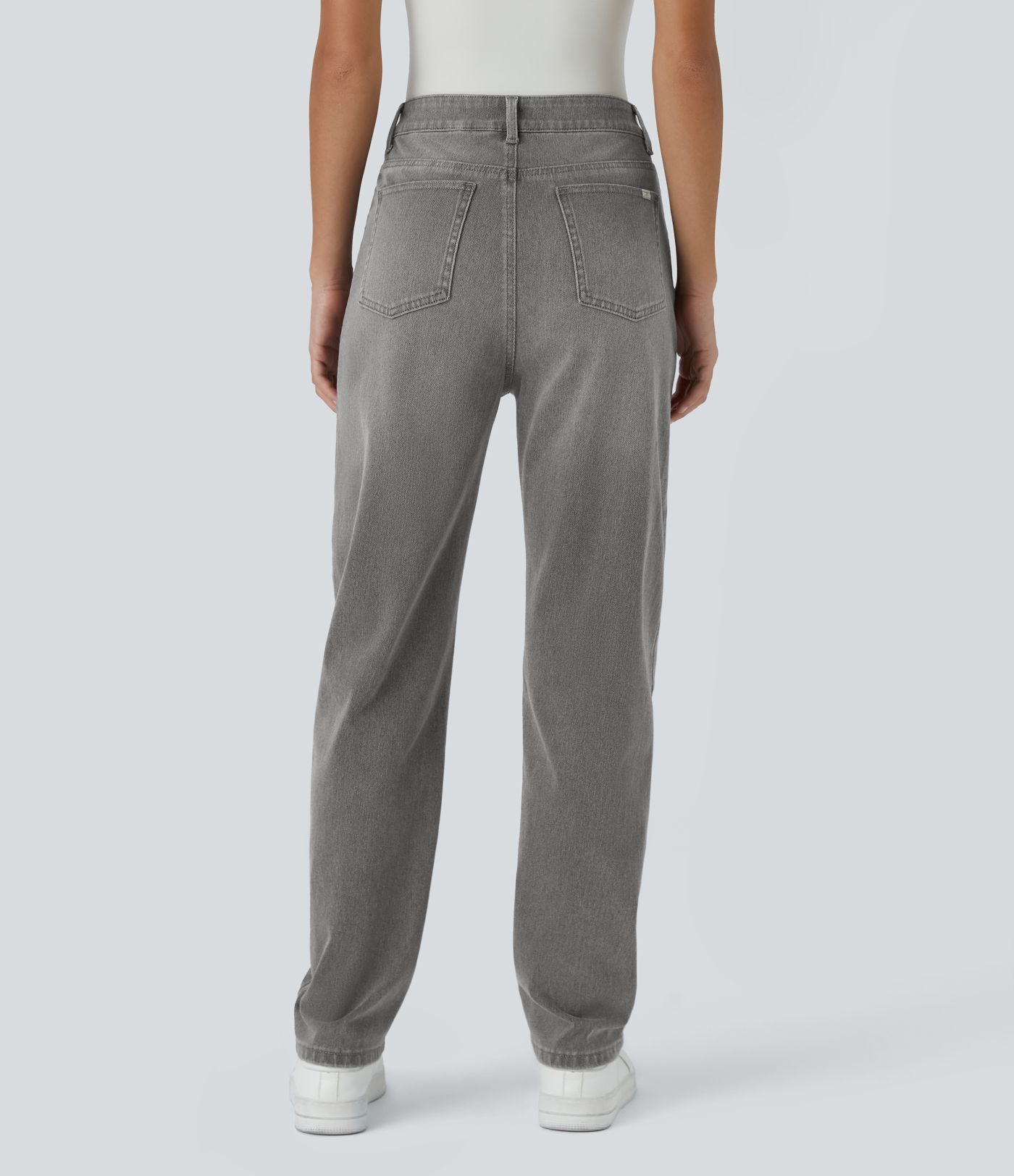Jean décontracté Halara Flex™ taille haute extensible en maille avec bouton, fermeture éclair, poches multiples et effet délavé