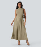 Robe longue décontractée sans manches à col montant, coupe évasée et poches latérales