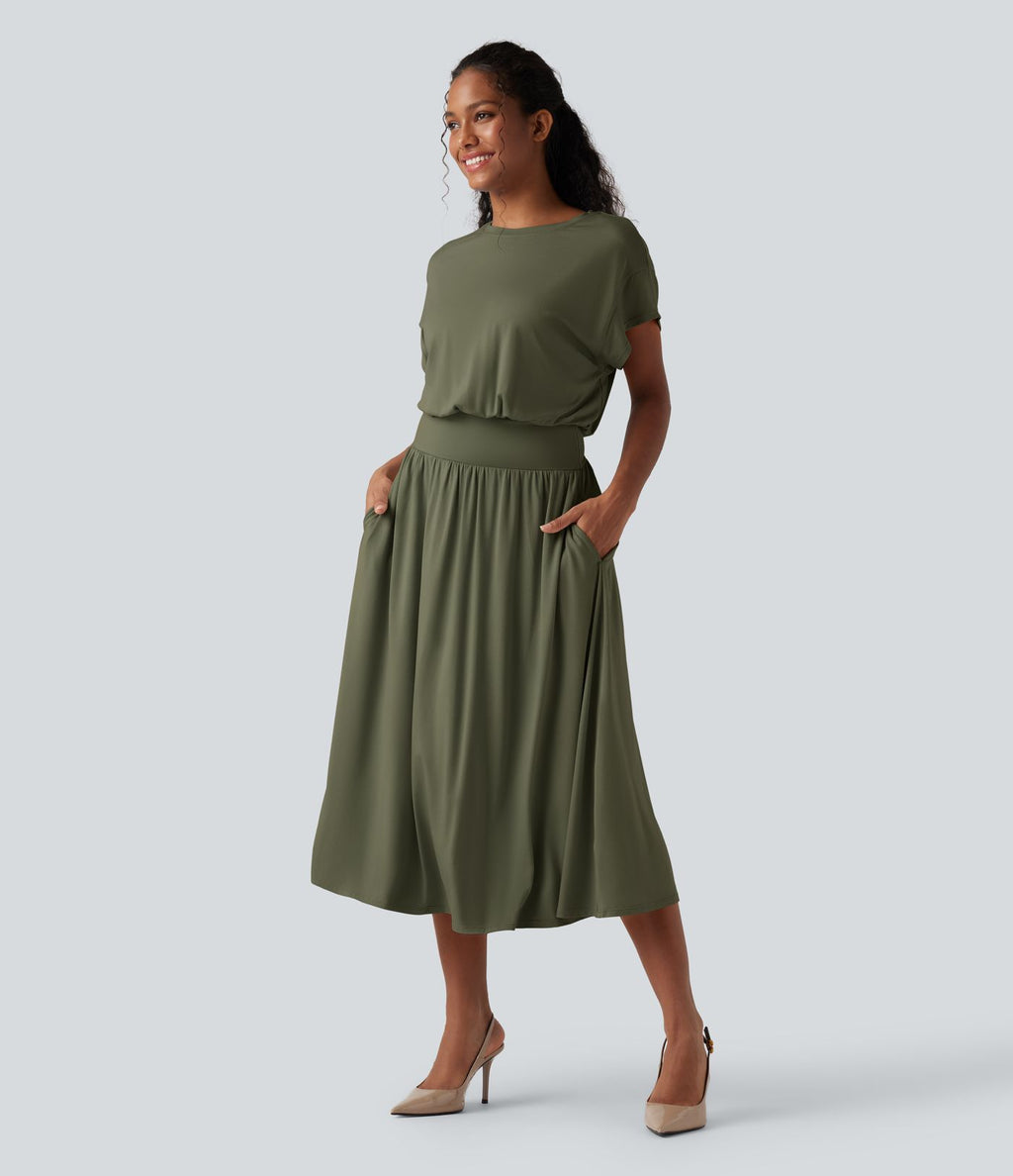 Robe de travail mi-longue fluide gainante à manches chauve-souris avec poches