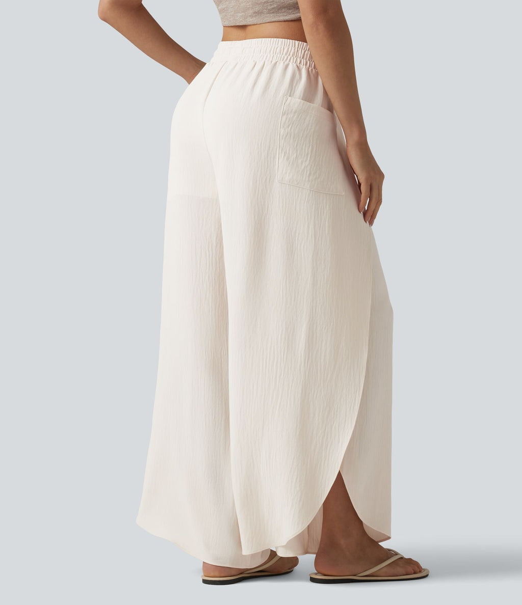 Pantalon ample décontracté à taille mi-haute, fentes, aspect lin, cordon de serrage et poches