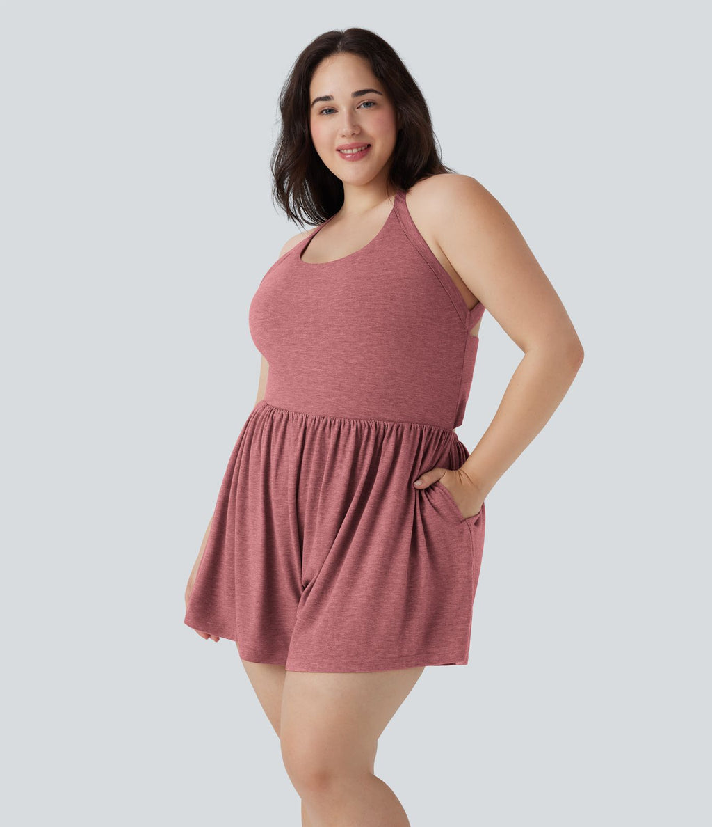 Combinaison-short de séjour grande taille 2-en-1 dos nu torsadée avec poches - Easy Peasy Edition