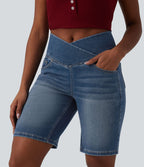 Short en jean Halara Flex™ casual gainant taille haute croisée avec poches