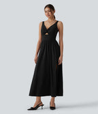 Robe de soirée mi-longue SoftlyZero™ Airy col V sans manches torsadée avec fente, coques fixes et effet frais InstantCool avec poches