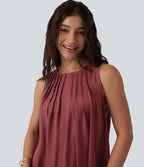 Robe fluide décontractée col rond sans manches plissée asymétrique
