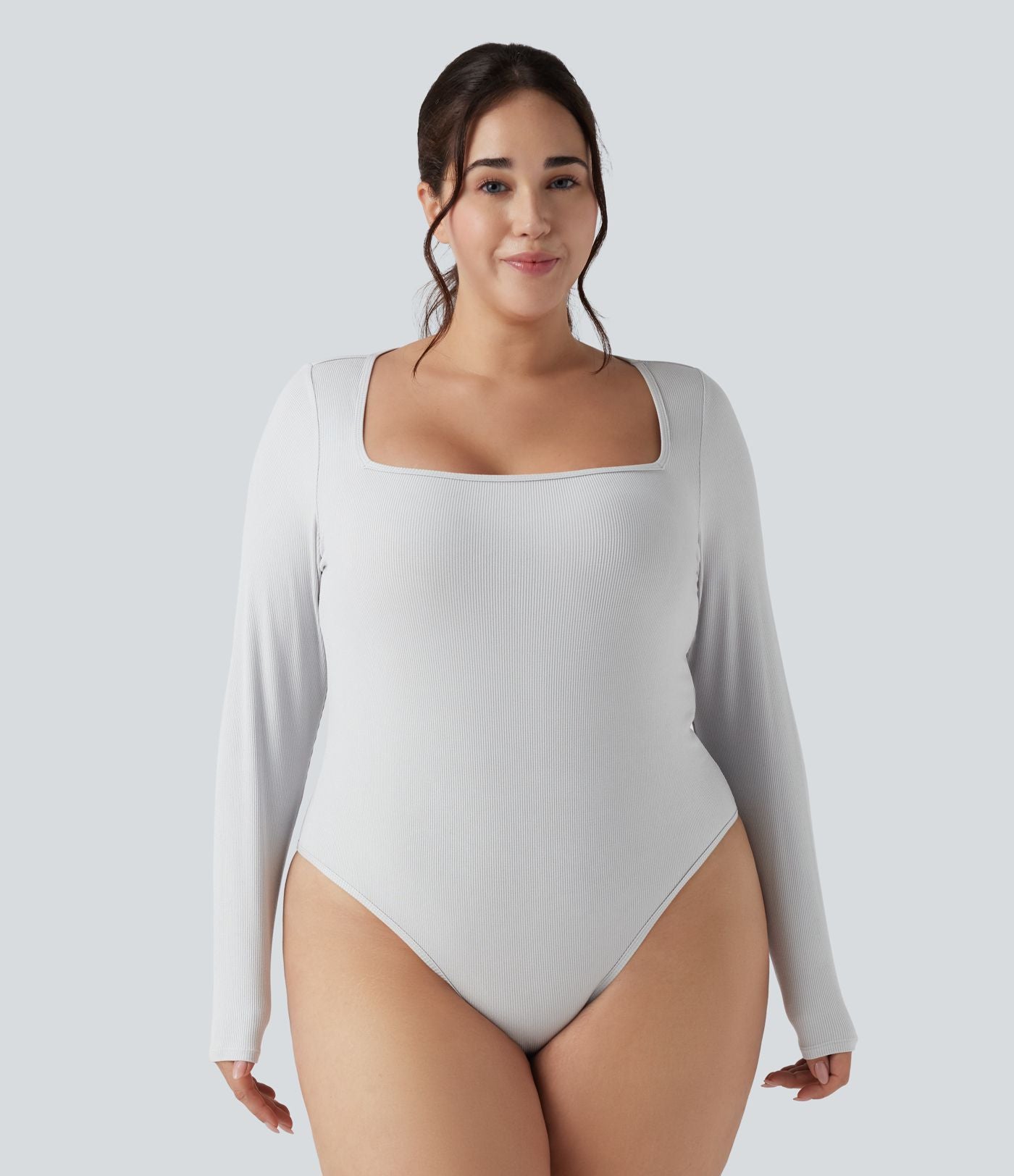 Body grande taille maille côtelée col carré manches longues ajusté