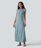 Robe casual maxi froncée à épaules dénudées avec lien noué dans le dos
