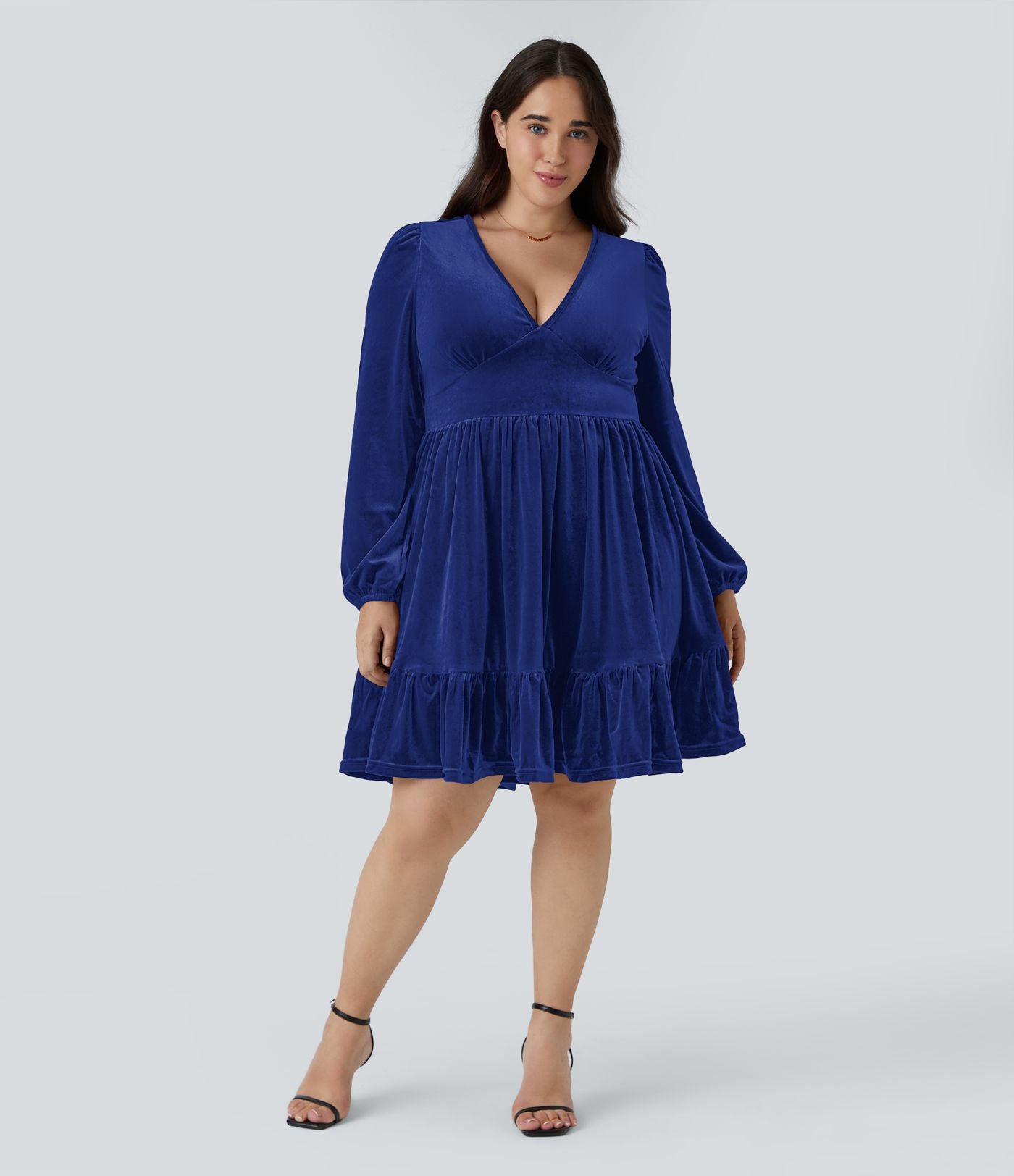 Quotidien de Robe Velours Mini Grande Taille avec Décolleté Profond en V et Ourlet à Volants