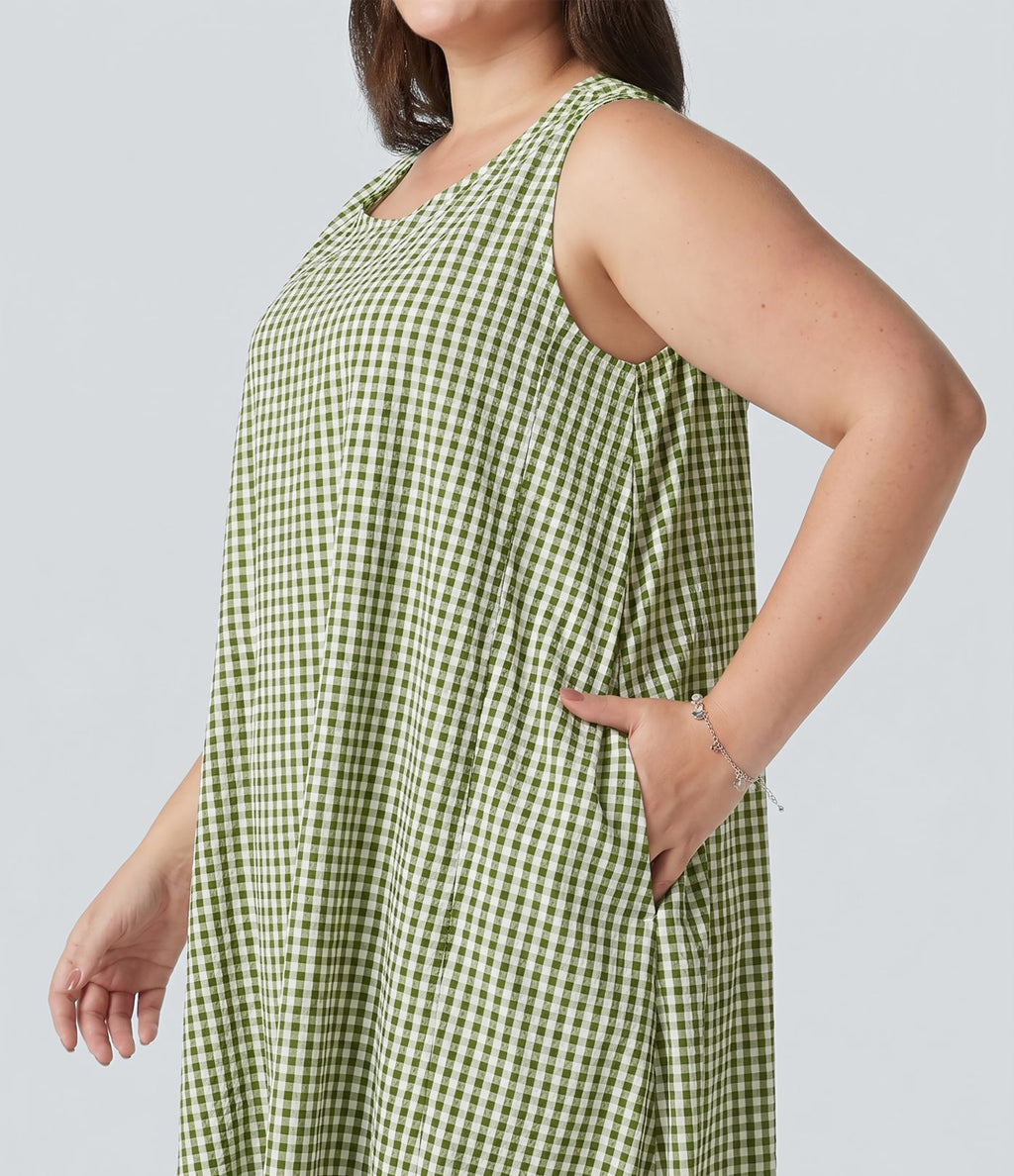 Robe débardeur midi sans manches col rond en vichy froissé grande taille à poches