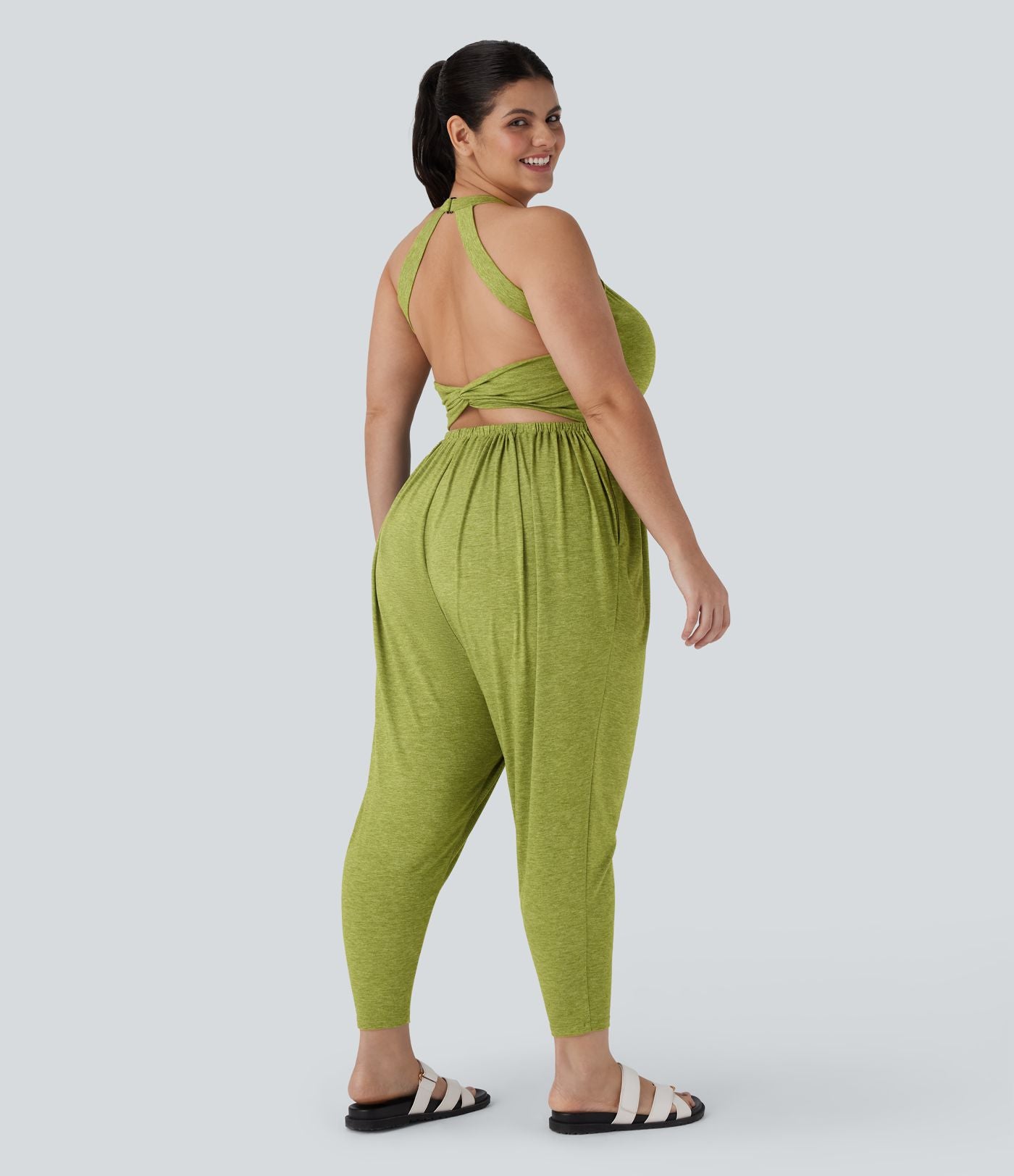 Combinaison sarouel dos nu torsadée grande taille avec poche latérale - Édition facile à enfiler