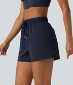 Short de sport baggy taille haute extensible en popeline avec cordon de serrage et poches