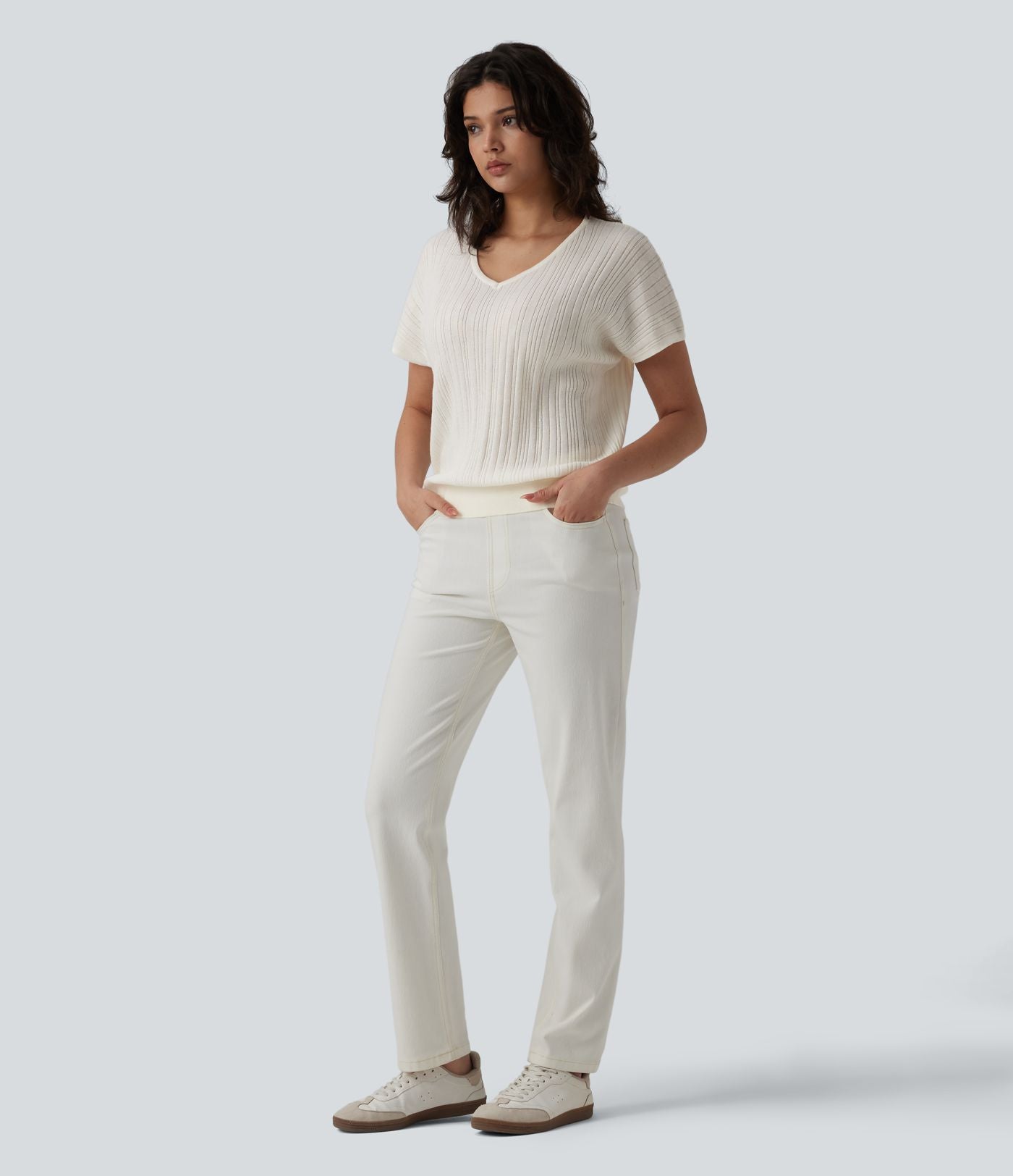 Pull casual col V manches courtes mélange laine