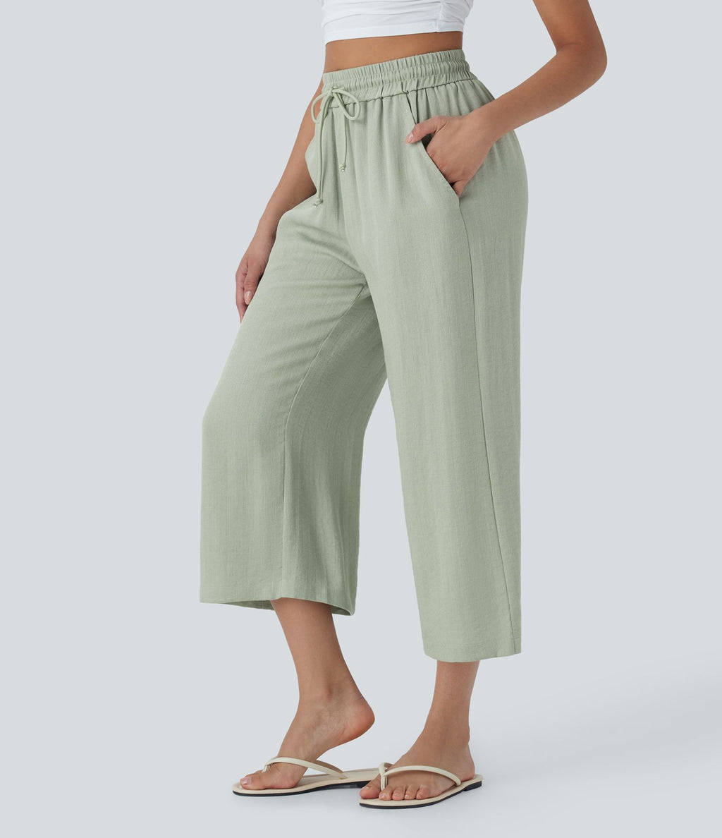 Pantalon décontracté aspect lin 7/8 à taille haute, jambe large avec cordon de serrage et poches latérales