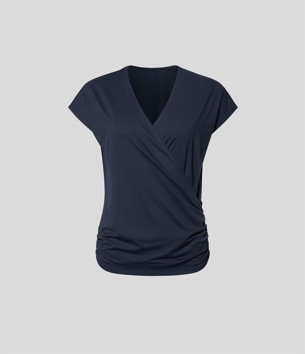 Blouse Travail Unie Froncée Croisée Manches Courtes Col en V