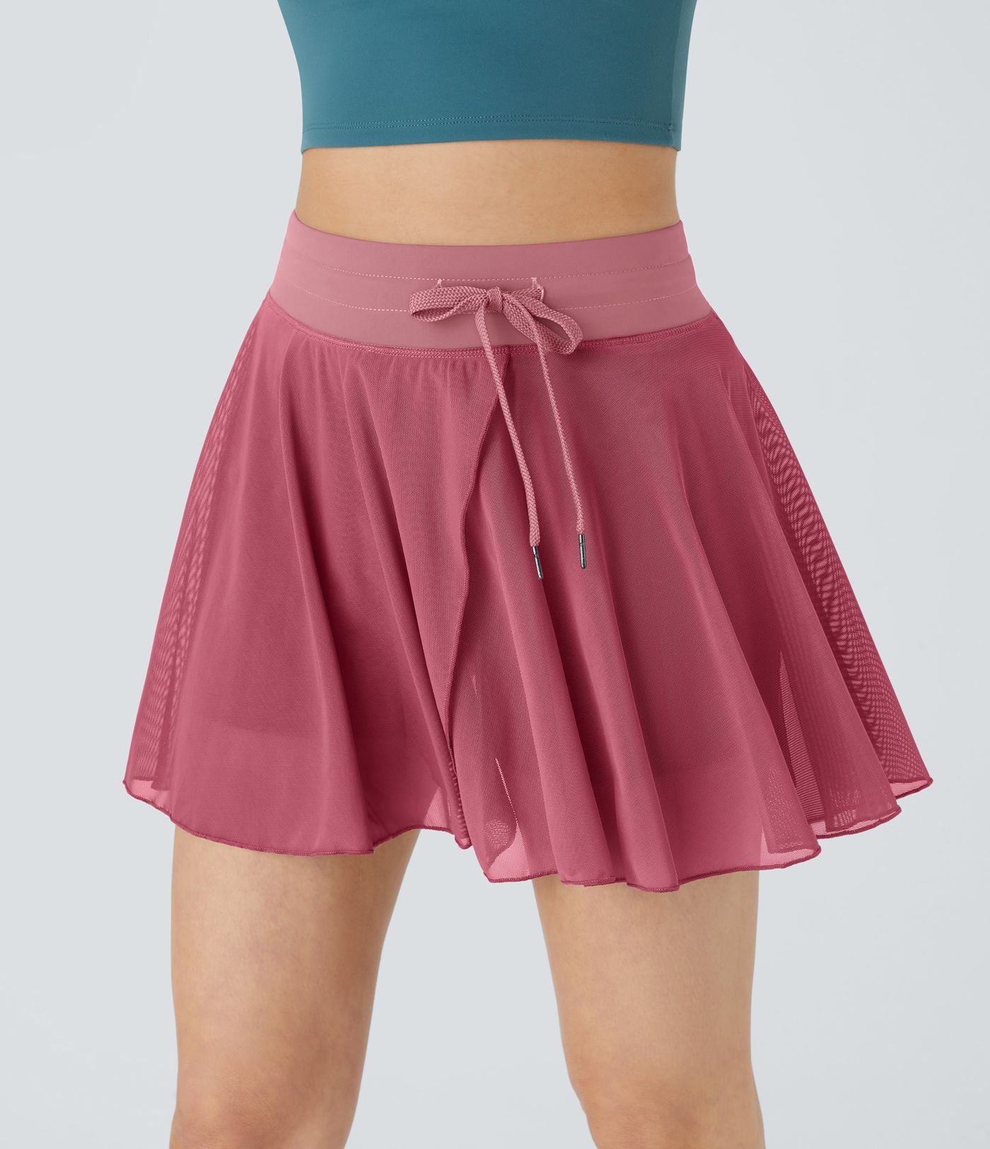 Jupe Casual Évasée Fluide 2 en 1 en Maille Contrastée Taille Haute Cordon de Serrage Poche Latérale