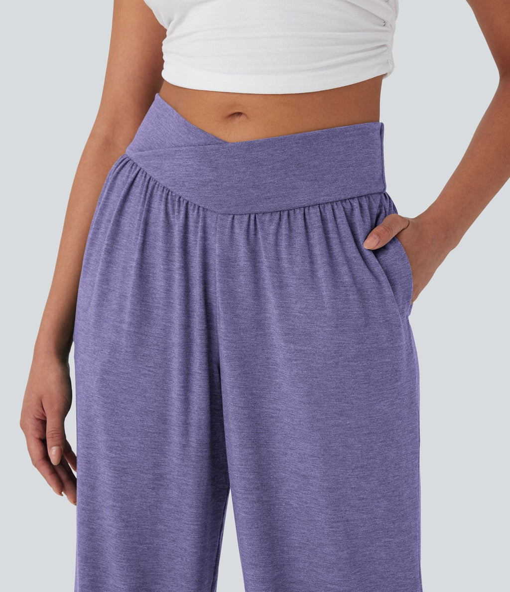 Pantalon de jogging décontracté à taille haute croisée avec poches latérales et cordon de serrage