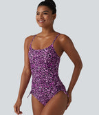 Maillot de bain une pièce col carré soutien-gorge intégré ventre plat cordon de serrage imprimé léopard
