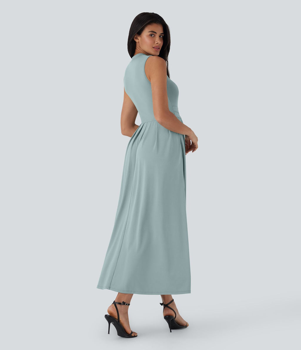 Robe longue décontractée sans manches à col montant, coupe évasée et poches latérales