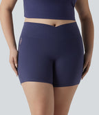 Grande taille SoftlyZero™ Cycliste de yoga taille haute croisée 12,5 cm avec dentelle contrastée, poche et protection UPF 50+