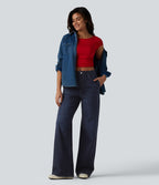 Jogging jean décontracté en molleton French Terry imprimé denim taille mi-haute avec poches