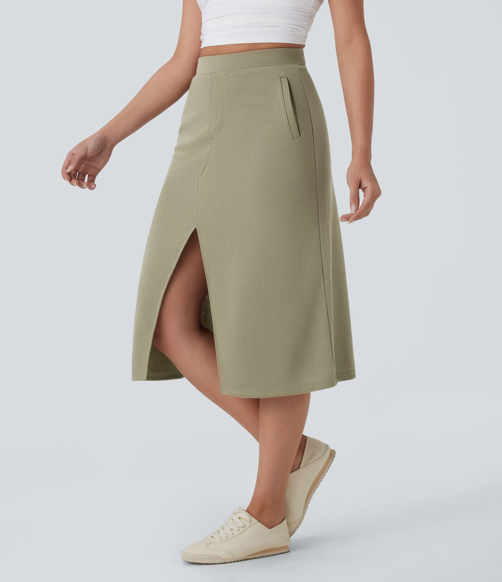 Jupe midi décontractée taille haute fendue avec poches latérales