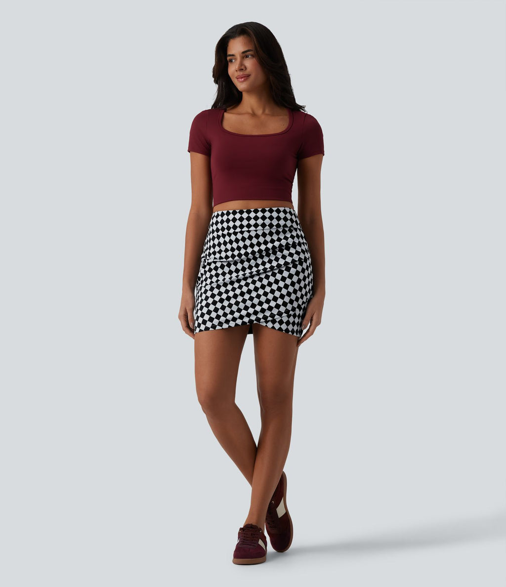 Jupe courte moulante casual 2-en-1 Halara UltraSculpt™ imprimé à carreaux taille haute avec ourlet croisé