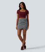Jupe courte moulante casual 2-en-1 Halara UltraSculpt™ imprimé à carreaux taille haute avec ourlet croisé