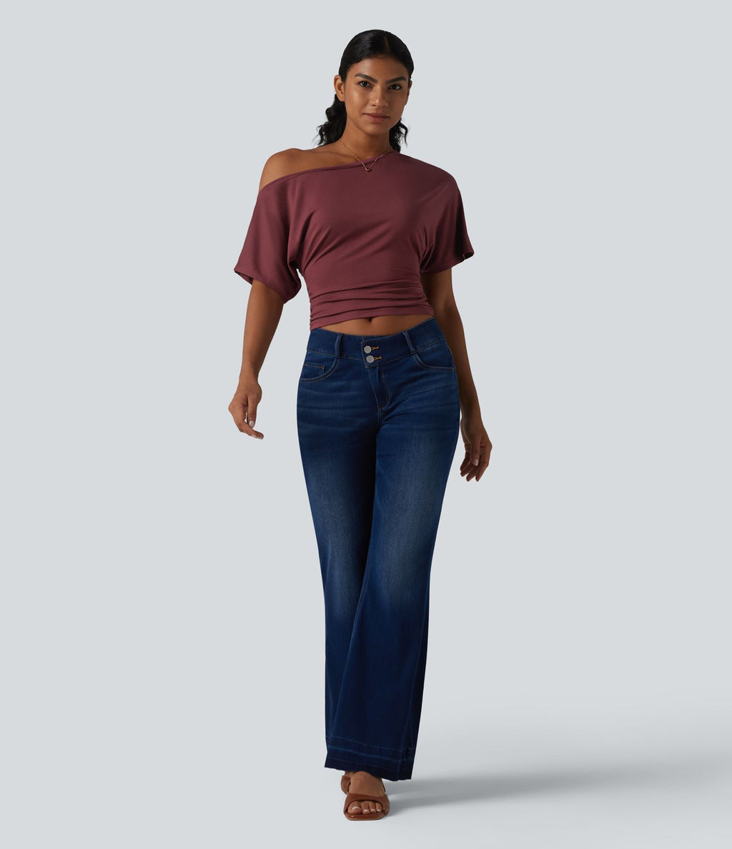 T-shirt casual asymétrique une épaule froncé à manches courtes avec soutien-gorge intégré