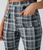 Pantalon Casual à Carreaux Évasé et Taille Haute avec Poches