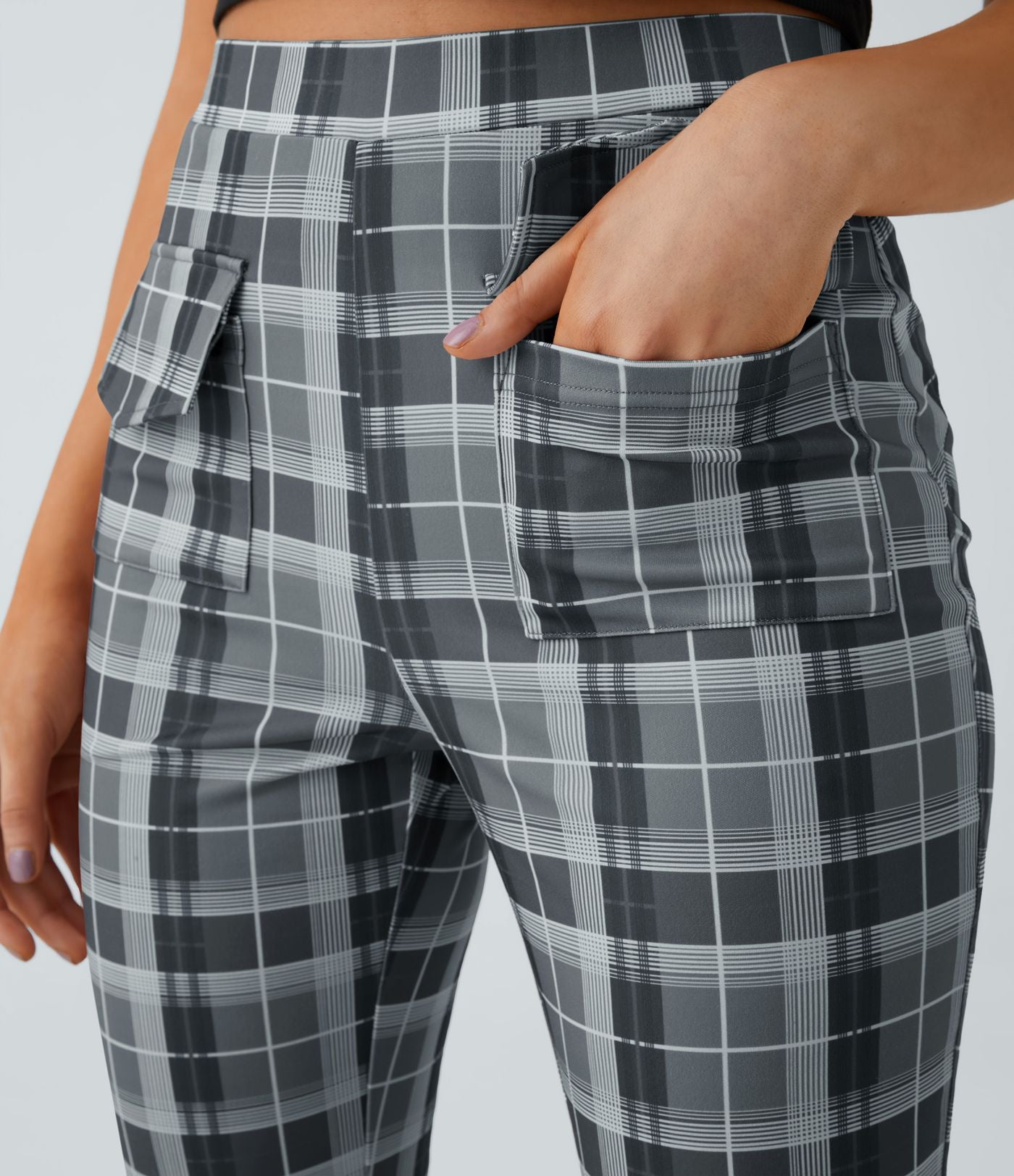 Pantalon Casual à Carreaux Évasé et Taille Haute avec Poches