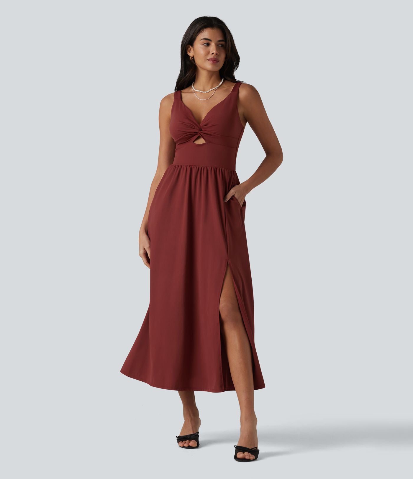 Robe midi SoftlyZero™ Airy effet frais InstantCool sans manches col V avec coques intégrées non amovibles et poches, bonnets E-G