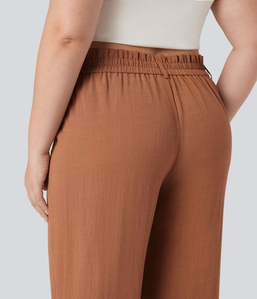 Pantalon de villégiature capri effet lin, grande taille, taille haute, avec poches