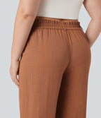 Pantalon de villégiature capri effet lin, grande taille, taille haute, avec poches
