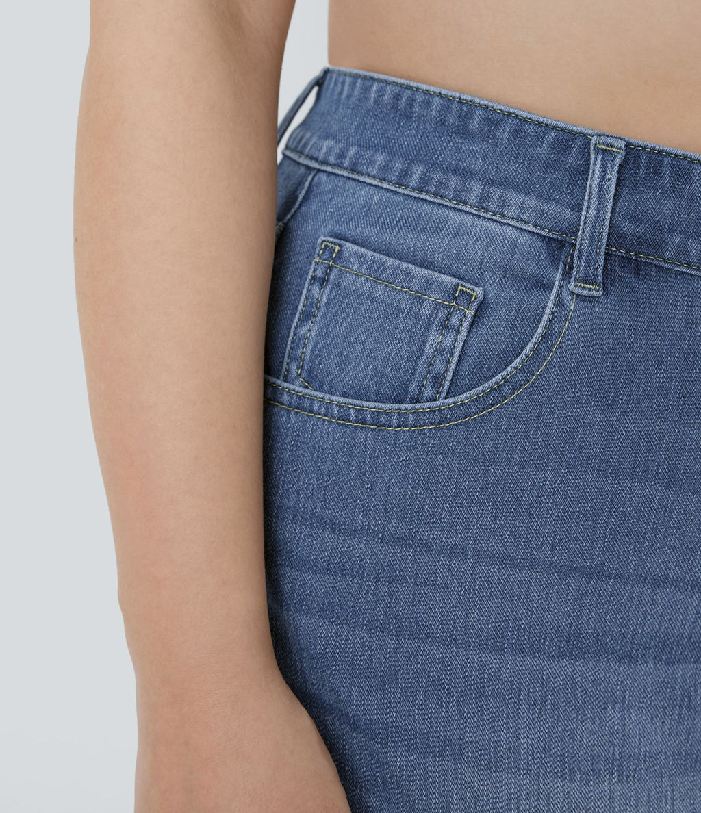 Jean décontracté Halara Flex™ grande taille, taille haute, multiples poches, jambes droites, effet délavé, en maille extensible