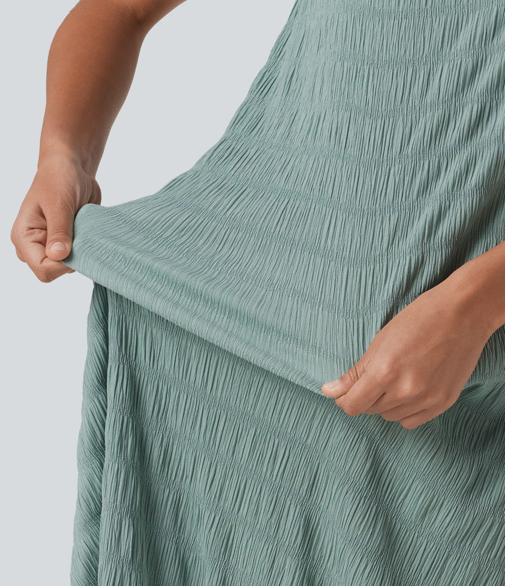 Robe midi sans manches à encolure arrondie avec coussinets amovibles et ourlet à volants