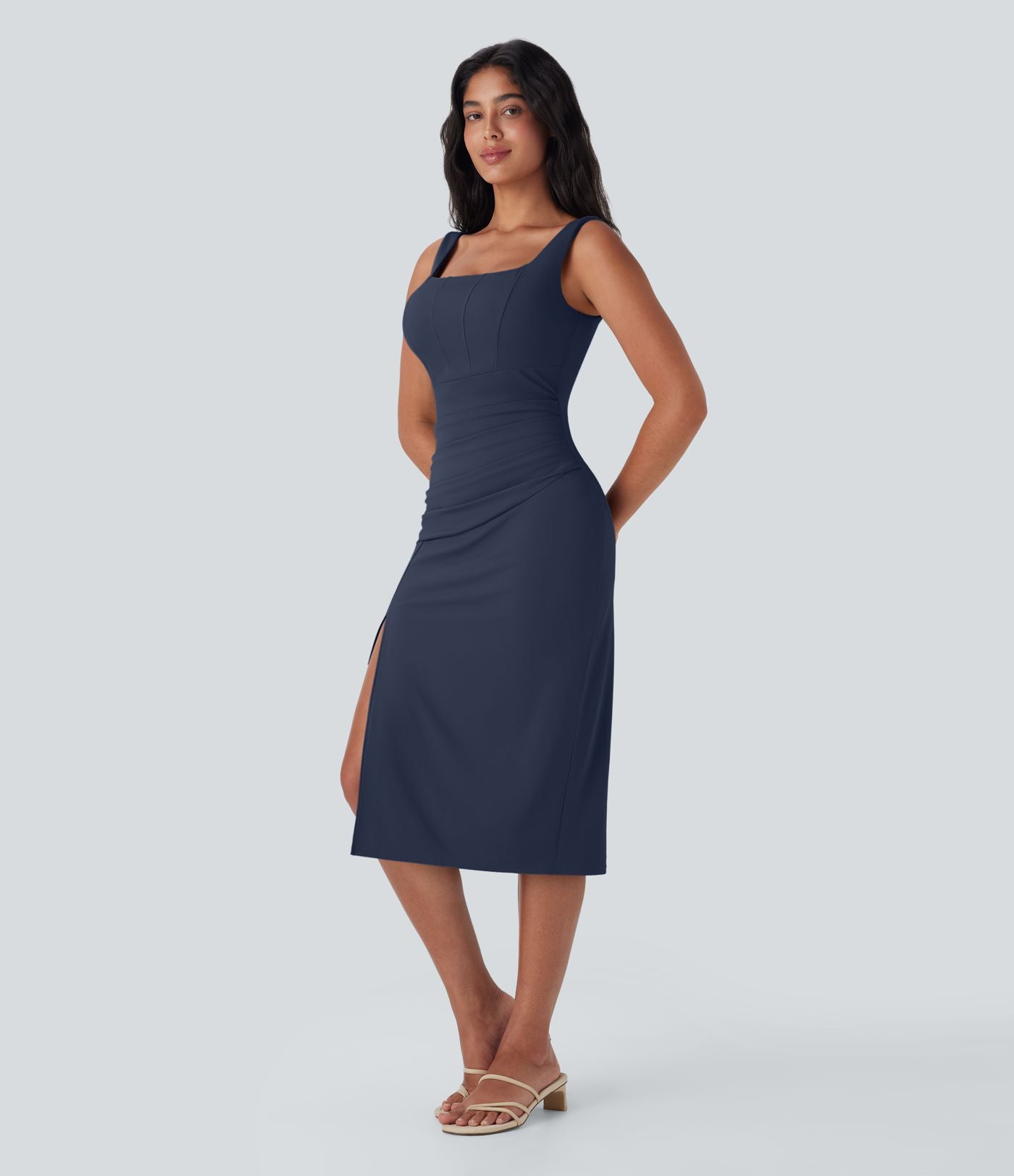 Robe moulante mi-longue SoftlyZero™ Airy col carré corset froncée effet frais InstantCool, bonnets E-G