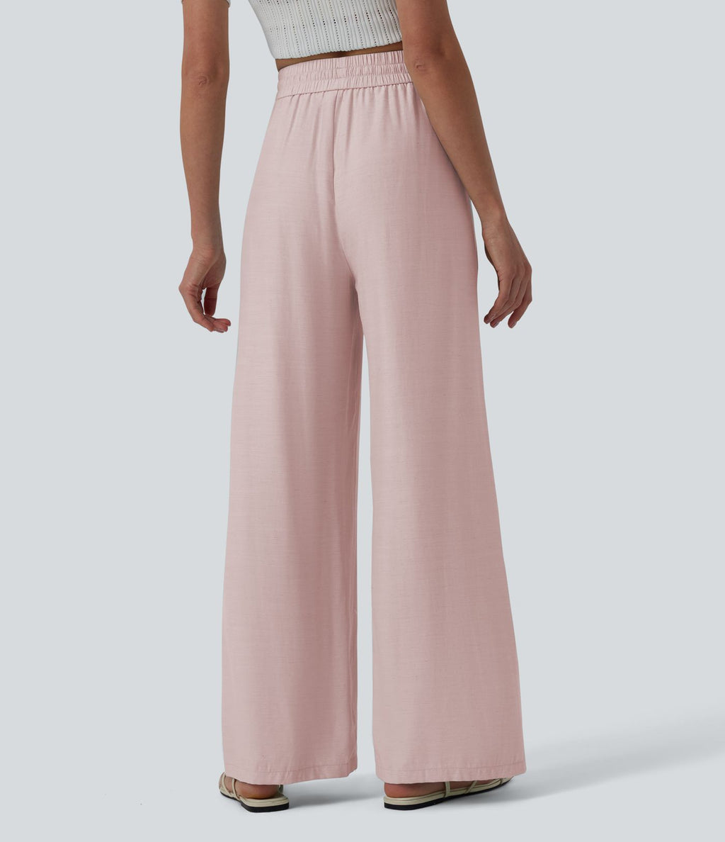 Pantalon casual large fluide mélange lin taille haute avec cordon de serrage et poches