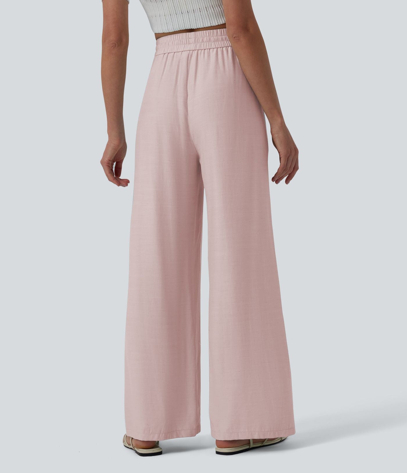 Pantalon casual large fluide mélange lin taille haute avec cordon de serrage et poches