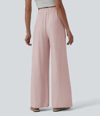 Pantalon casual large mélange lin taille haute avec cordon de serrage et poches