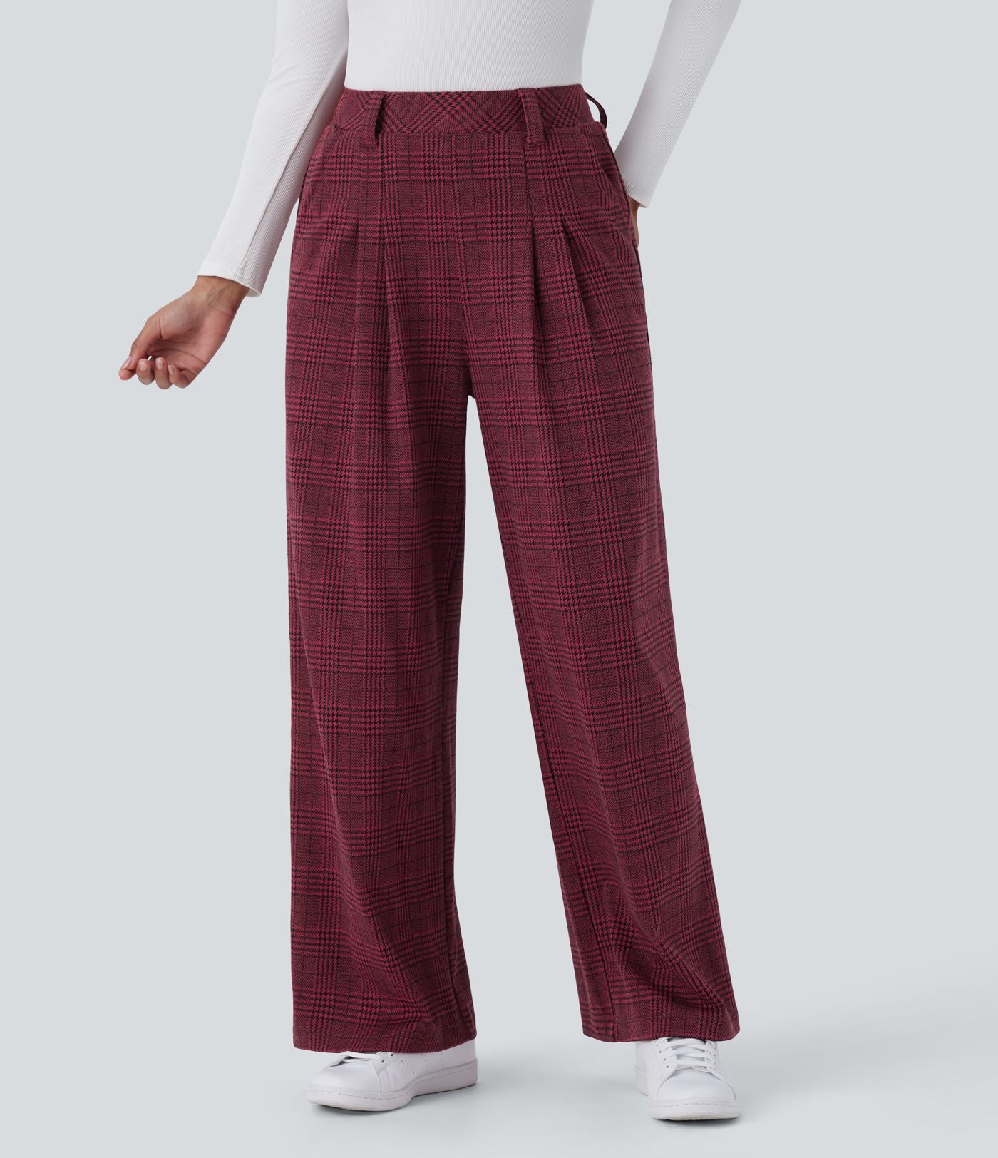Pantalon taille haute décontracté large à carreaux, avec poches