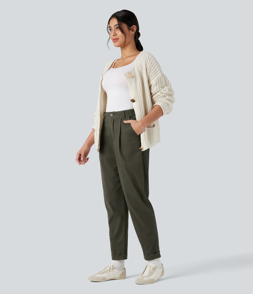 Pantalon chino coton fuselé taille haute avec poches