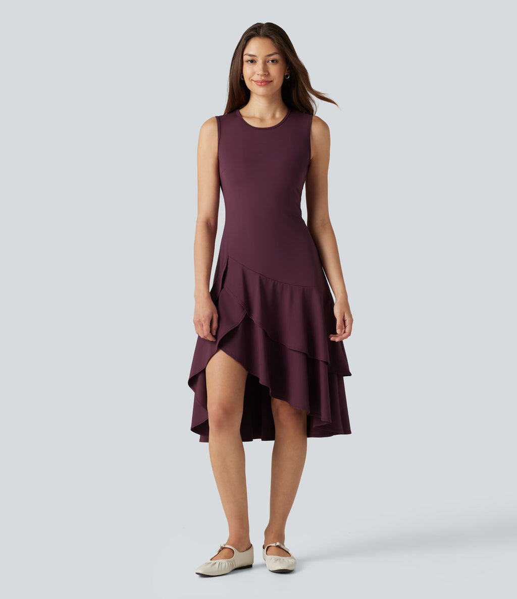 Robe midi décontractée SoftlyZero™ Airy col rond, sans manches, ourlet à volants étagés, à effet frais InstantCool