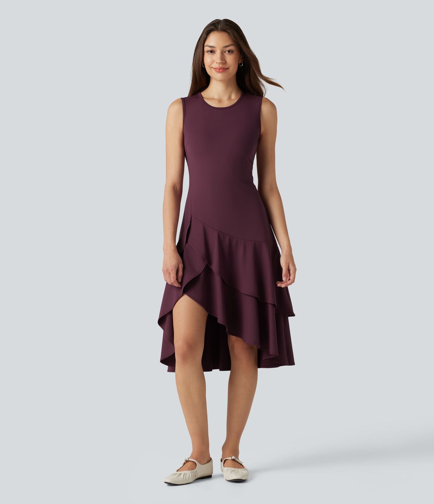 Robe midi décontractée SoftlyZero™ Airy col rond, sans manches, ourlet à volants étagés, à effet frais InstantCool