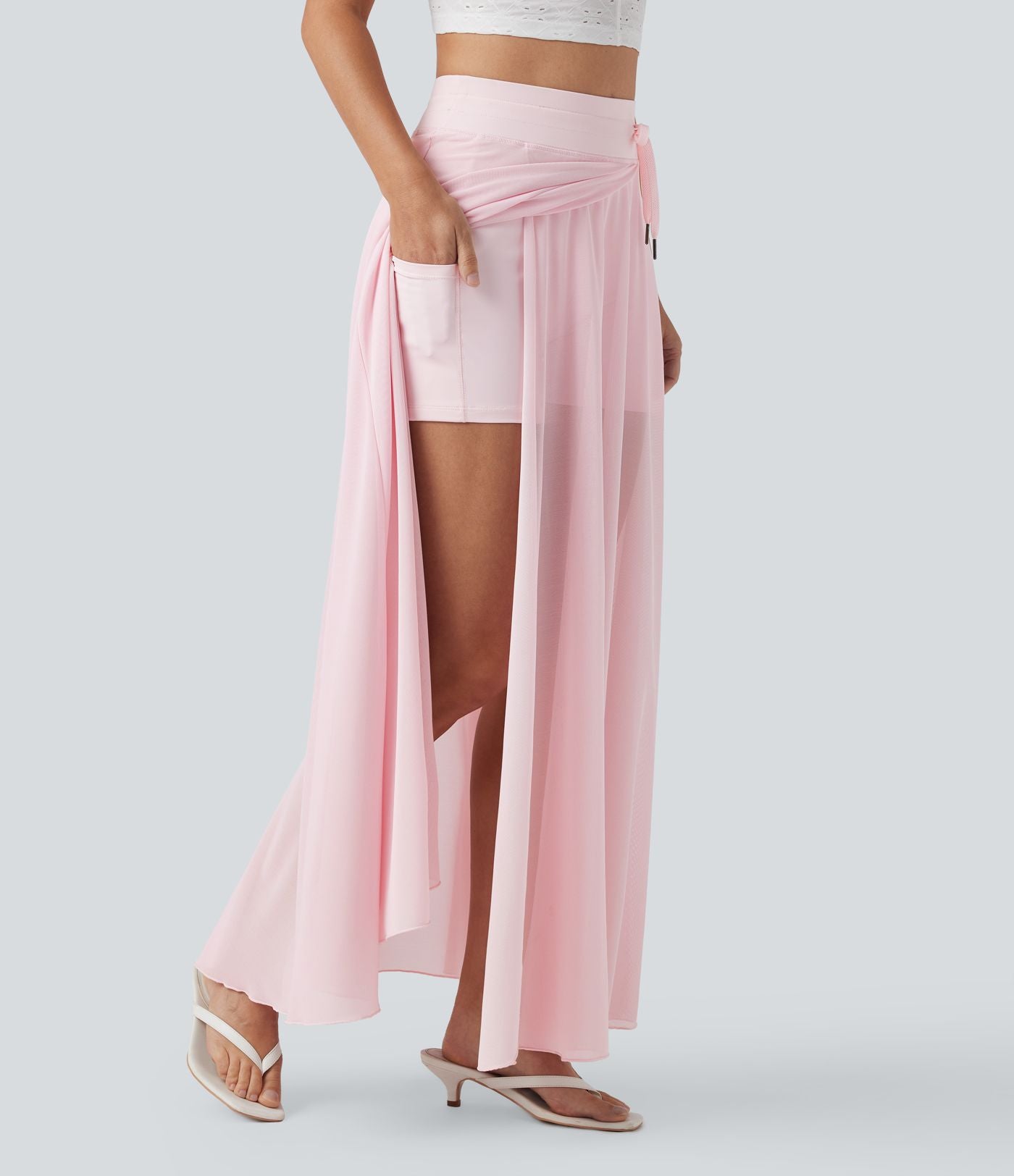 Jupe longue fluide 2-en-1 taille haute avec empiècements en résille