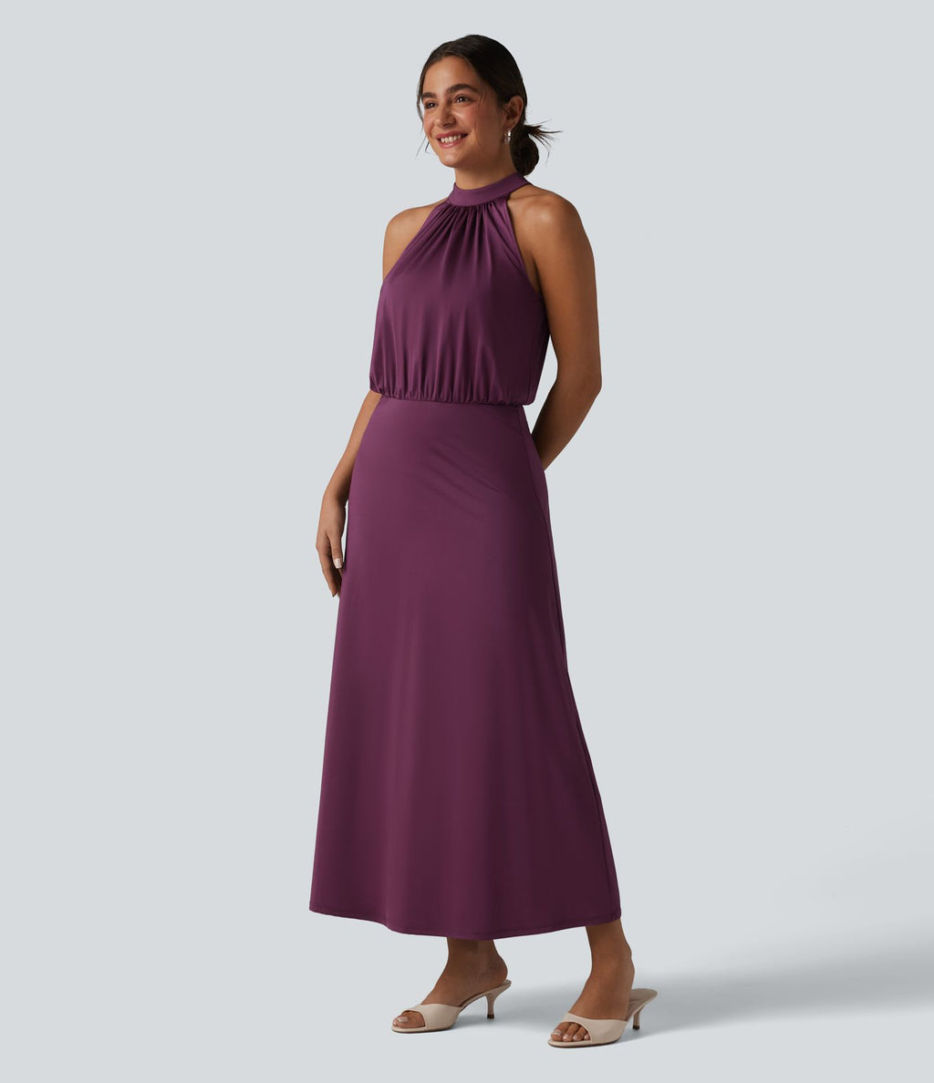 Robe midi col cheminée sans manches dos découpé extensible aspect satiné effet frais InstantCool