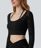 Top yoga court SoftlyZero™ dentelle contrastante dos nu manches longues avec trous pouces
