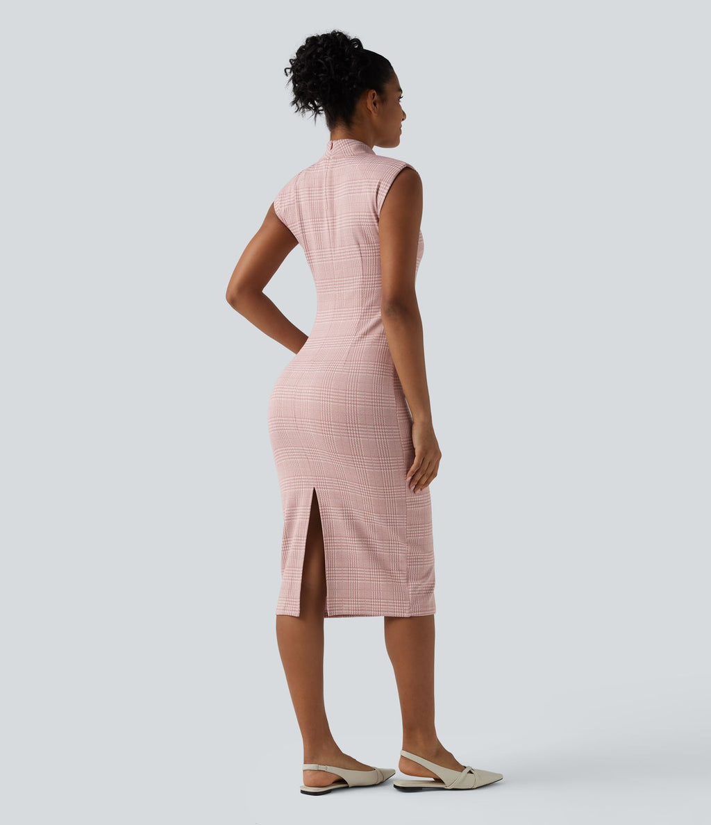 Robe de travail midi moulante sans manches col montant pied-de-poule à carreaux