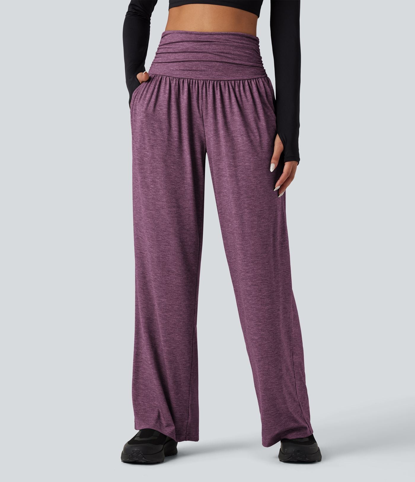 Pantalon de yoga large froncé chiné taille haute avec poches
