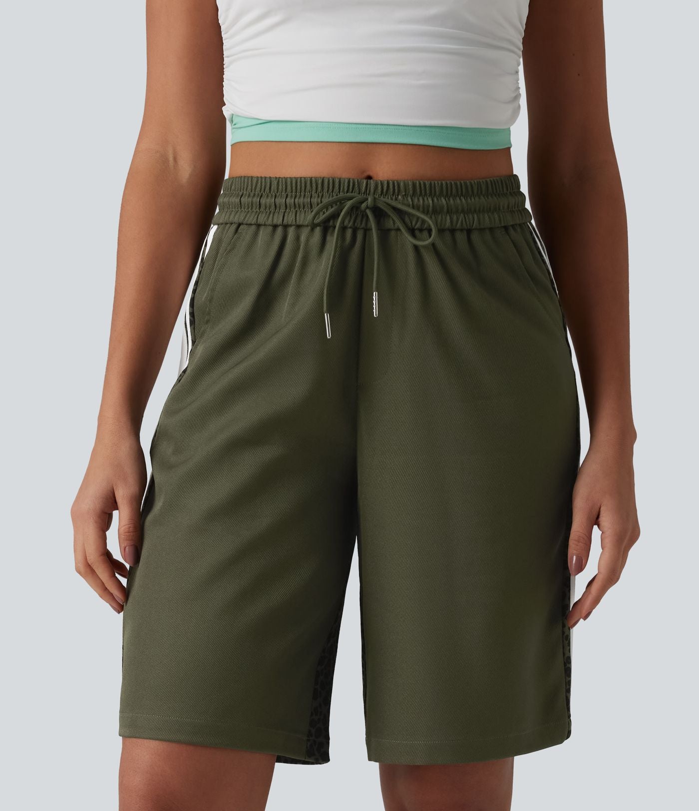 Short ample décontracté à taille mi-haute, cordon de serrage, rayures contrastées léopard, 25 cm, avec poches