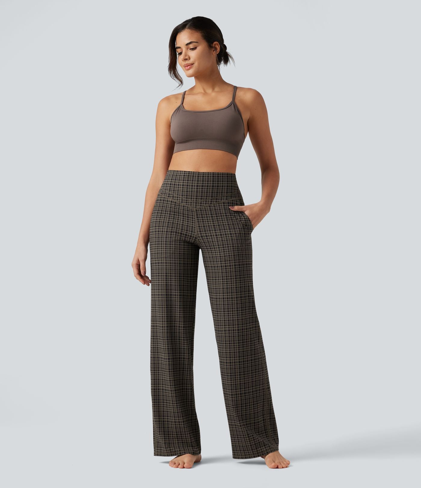 Pantalon de yoga droit Halara UltraSculpt™ taille haute gainant à motif tartan avec poches